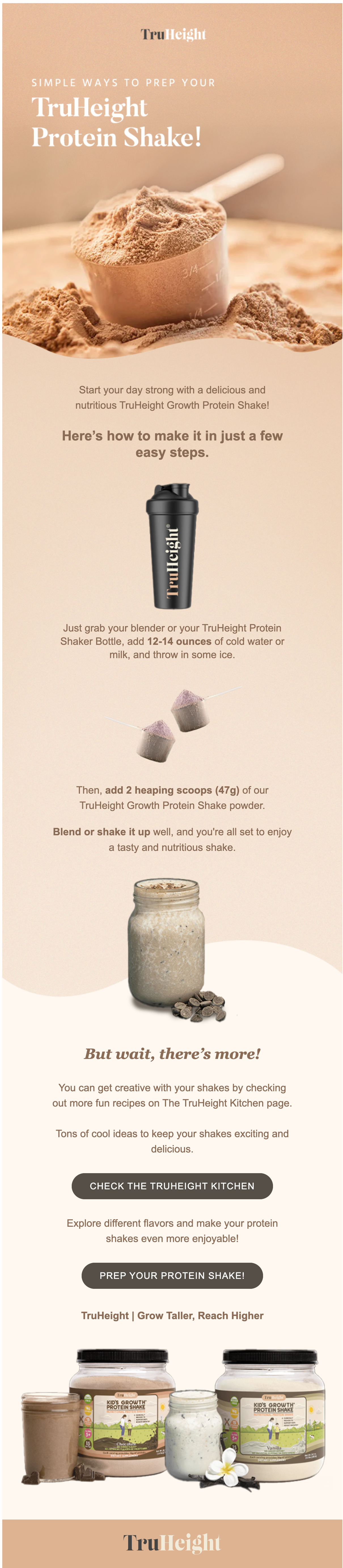 An instructional infographic demonstrating how to prepare a TruHeight protein shake, featuring a scoop of protein powder, a blender bottle with TruHeight branding, and jars of protein powder.