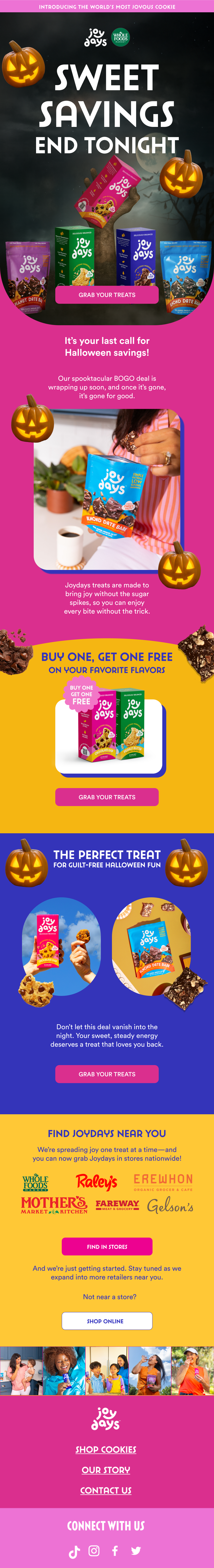 Promotional advertisement for Joydays Halloween-themed candy treats, with colorful packaging, pumpkin decorations, and call-to-action buttons for purchasing and finding stores.