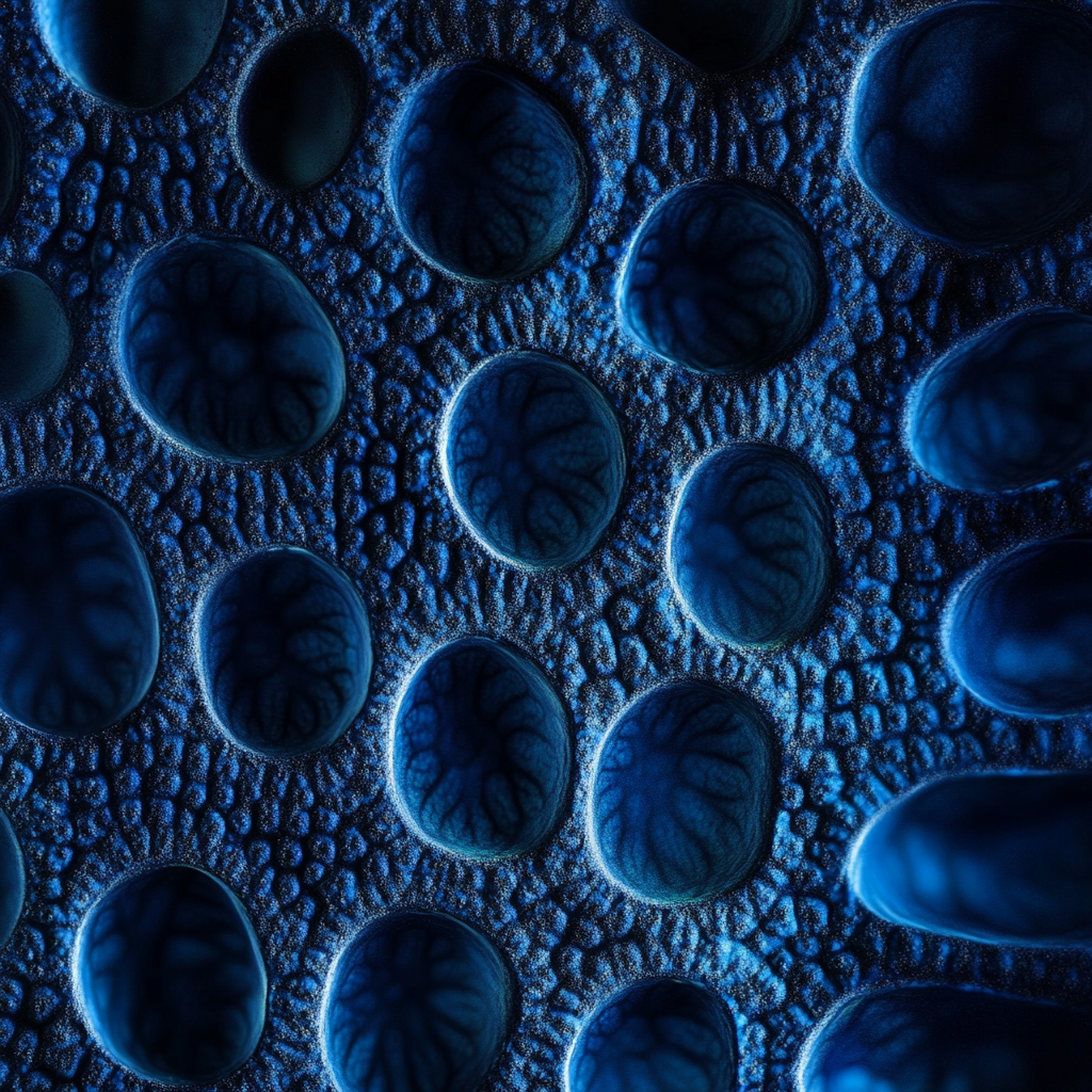 Close-up of numerous small, round, dark blue bubbles with intricate vein-like patterns inside, set against a textured dark background.