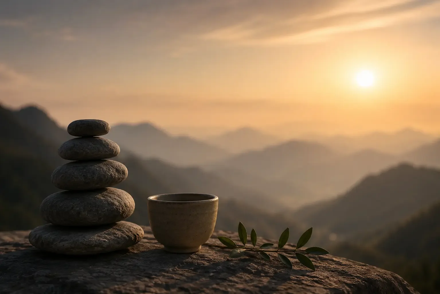 Stacked smooth stones, a small ceramic cup, and a green branch with leaves on a rustic surface during sunset over a mountain landscape.