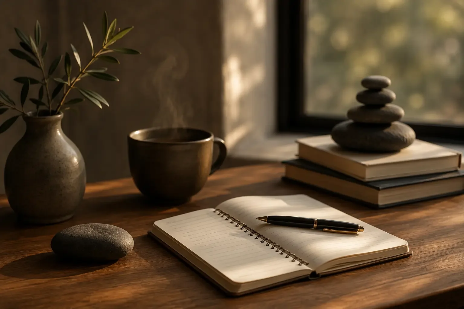 A wooden desk with an open notebook and a pen, a dark ceramic mug with steam, a stone, a stack of books with stacked stones on top, a vase with leafy branches, near a window with blurred background.