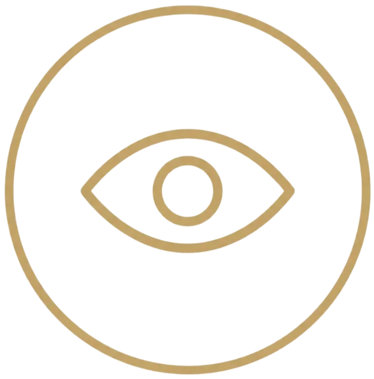 A gold outline of an eye inside a circle on a black background.