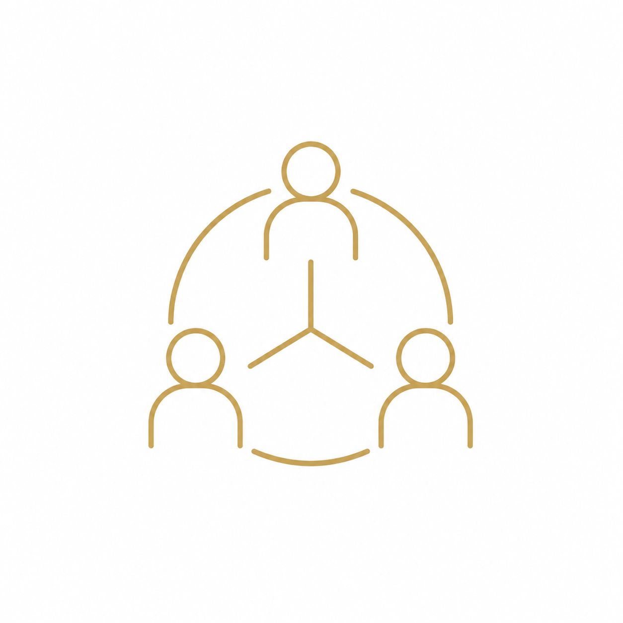 Minimalist graphic of three connected human figures in gold outline, forming a triangle with lines connecting them.