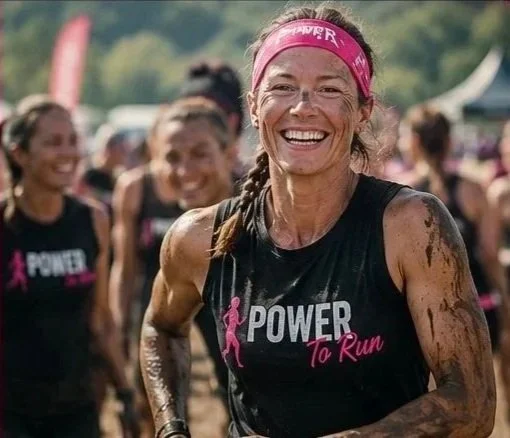 A smiling woman with a pink headband and a black sleeveless shirt that says 'Power to Run.' She is muddy and participating in a group run or race activity outdoors, with other women in similar shirts in the background.