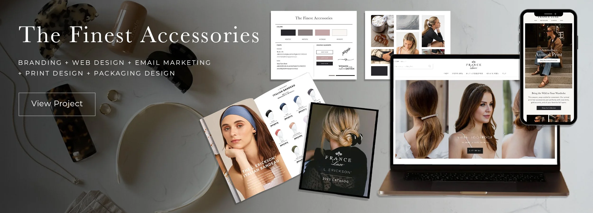 Creative flat lay of branding, web design, and marketing materials for The Finest Accessories, including a laptop showing an online store, a smartphone with a fashion website, printed catalogs featuring models and product designs, mood boards, design