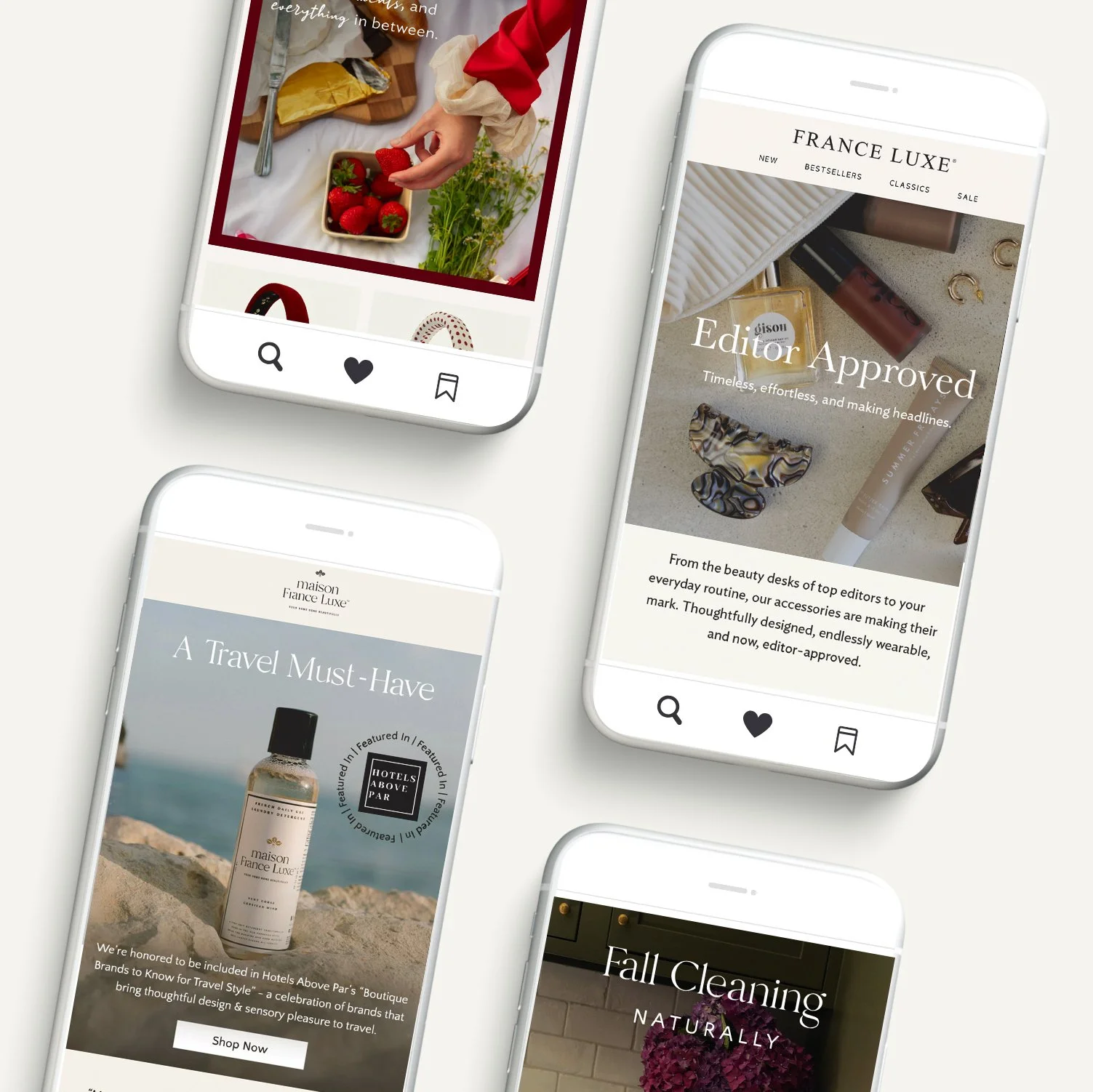 Multiple smartphones displaying various webpages, including a beauty and lifestyle site, a travel and lifestyle site, and a home cleaning service page.