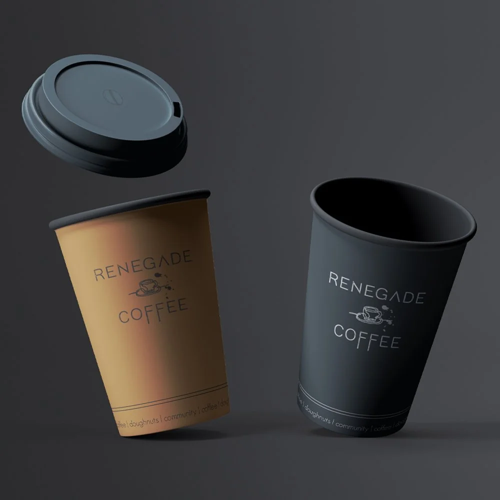 Two coffee cups with lids, one brown and one black, labeled 'Renegade Coffee' and floating in mid-air against a dark background.