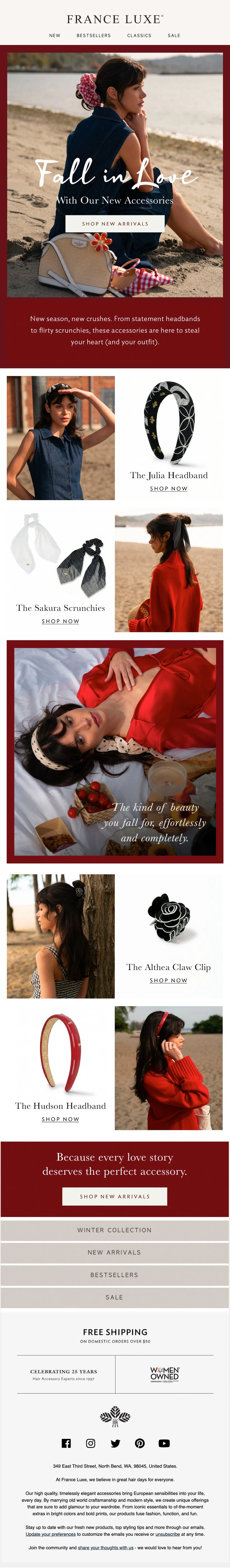 Seasonal Valentine’s campaign introducing new accessory arrivals with romantic editorial visuals, structured content hierarchy, and prominent shop-now messaging to support promotional sales.