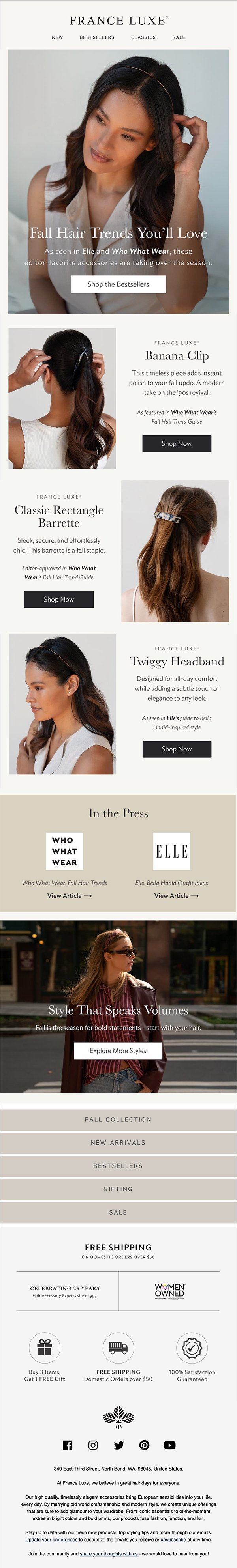 Editorial-inspired email highlighting seasonal hair trends and bestselling accessories, designed to support engagement and curated product storytelling.