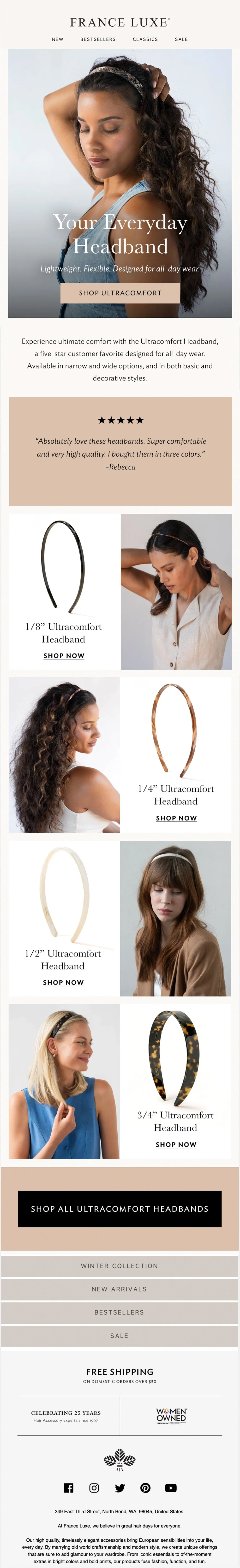 Product spotlight email focused on showcasing key features and fit through lifestyle imagery, supporting conversion with a clear primary CTA.