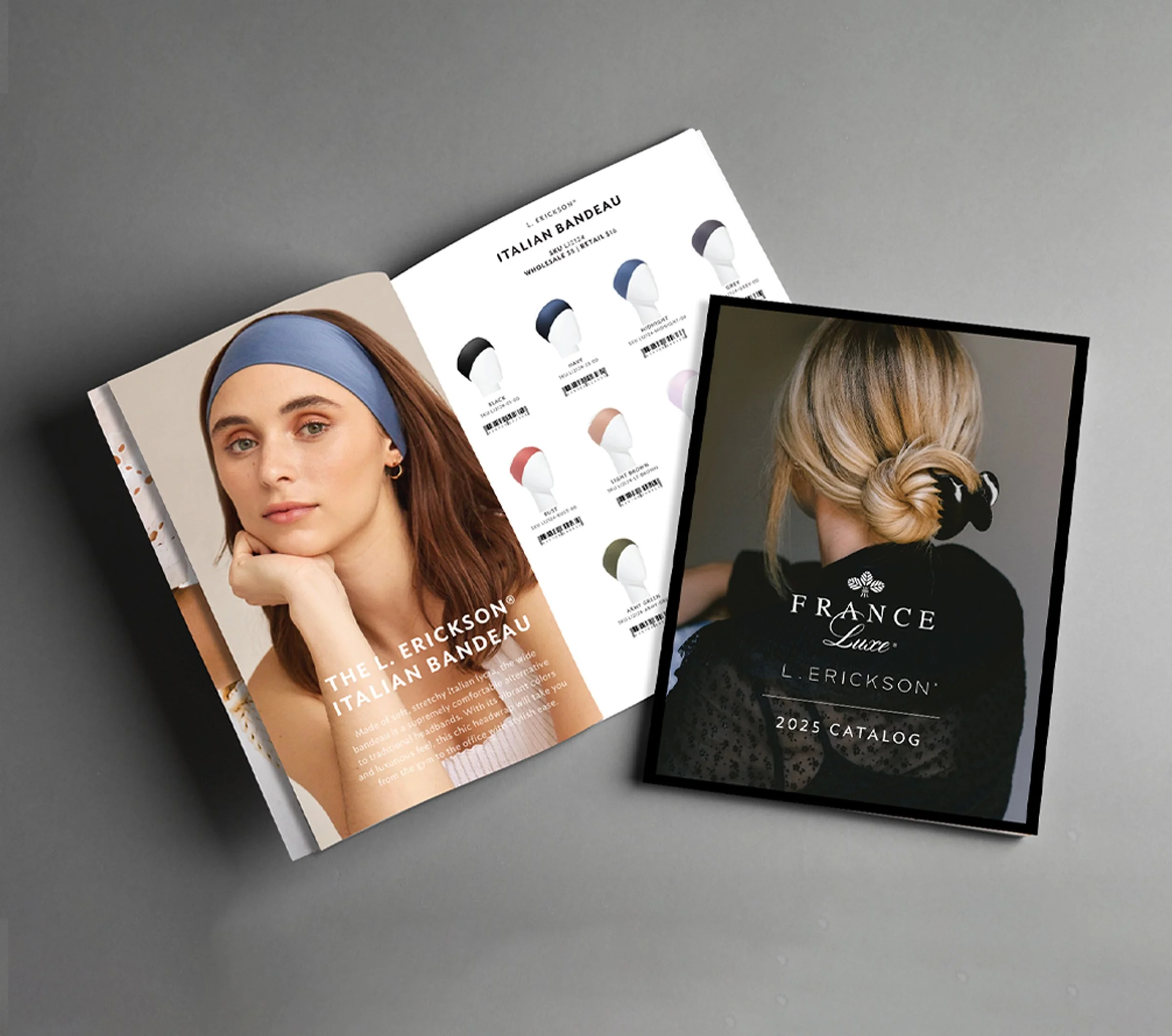 Fashion magazine pages featuring models with different hairstyles and hair accessories, including a woman with a headband and another with styled blonde hair, laying on a gray surface.