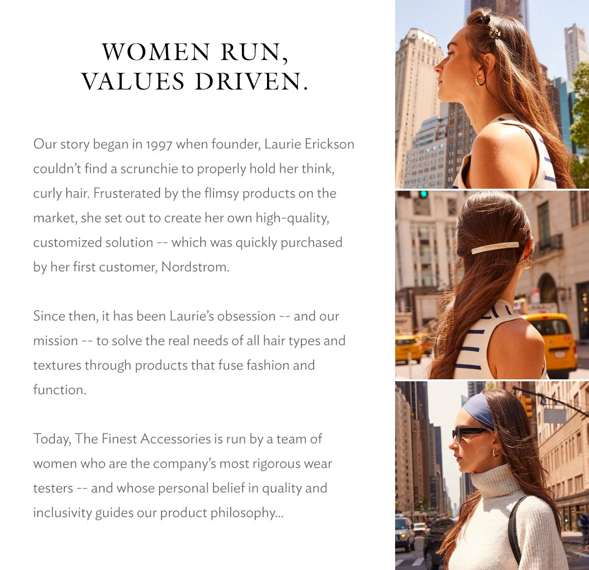 A woman with curly hair and a striped sleeveless top walking in New York City, wearing sunglasses and a headband, with tall buildings and yellow taxis in the background.