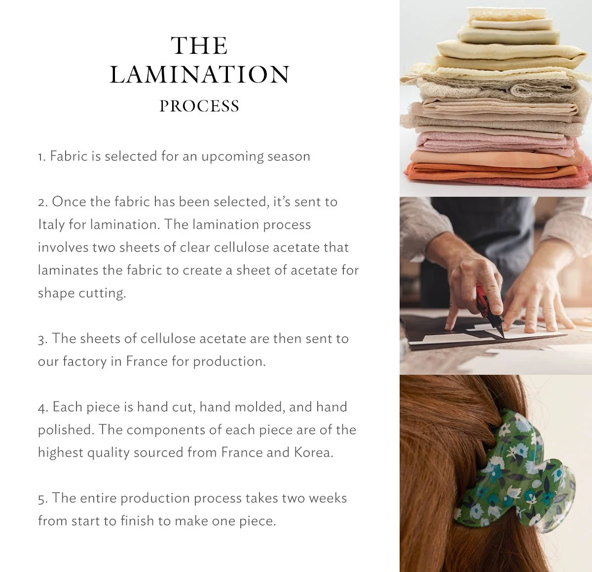 A step-by-step guide to the fabric lamination process with images of folded fabrics, a person measuring fabric, and a person wearing a floral hair clip.