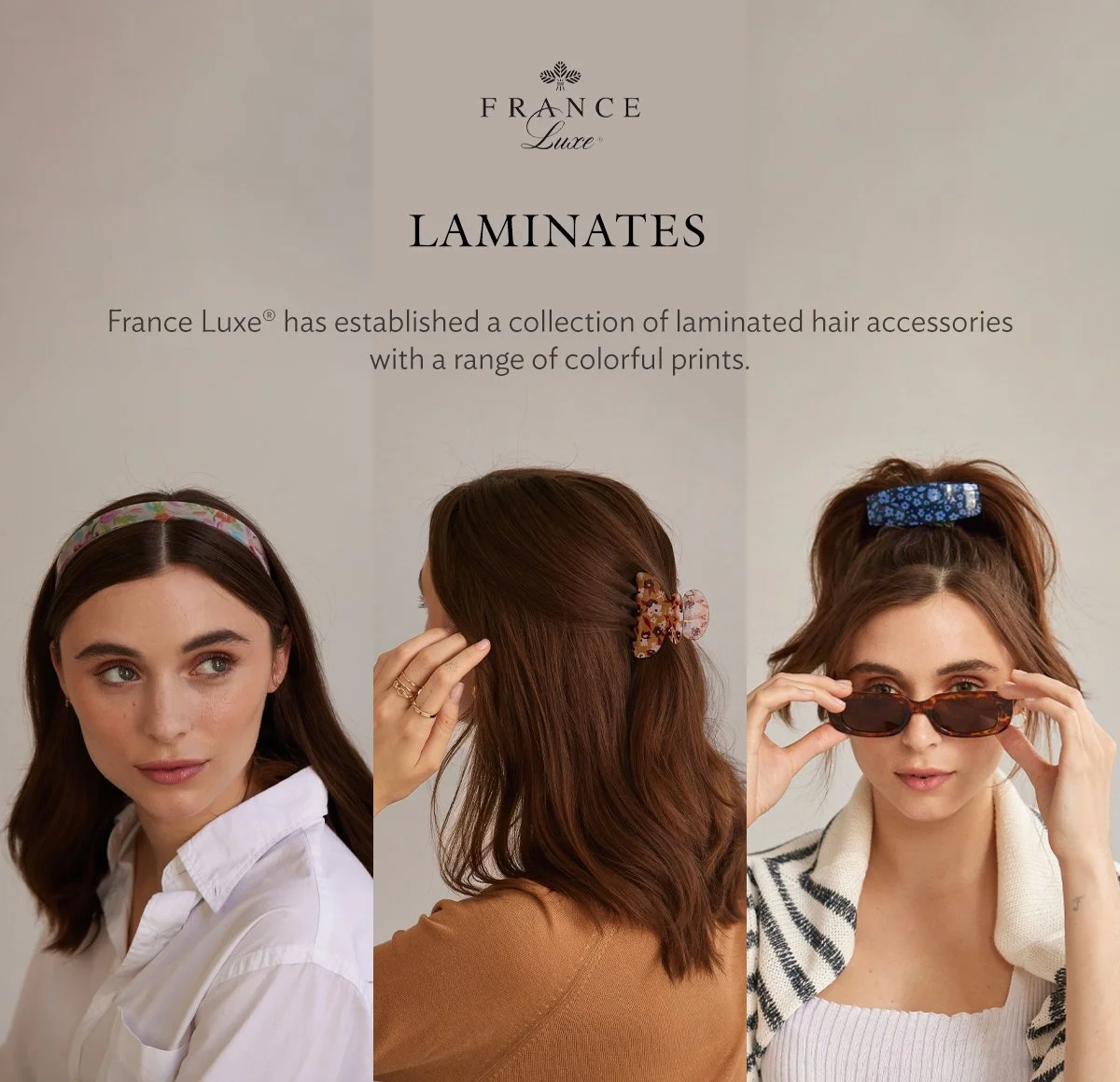 Display of three women showing different hair accessories with colorful prints, used for styling hair.