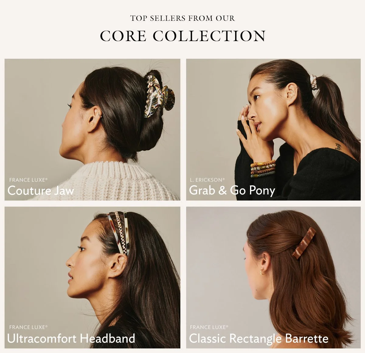 An advertisement showcasing four women with different hair accessories, each labeled with product names: Couture Jaw, Grab & Go Pony, Ultracomfort Headband, and Classic Rectangle Barrette.
