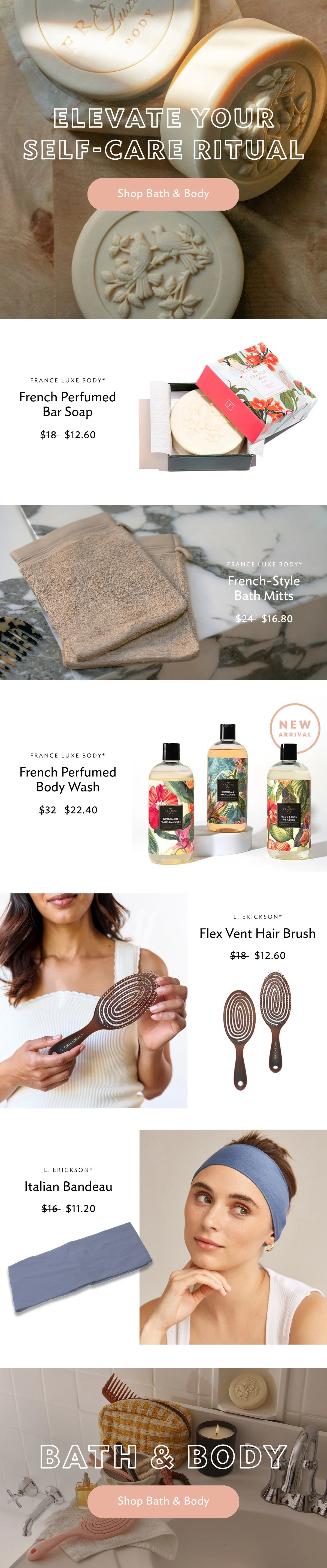 An advertisement for self-care products including French perfumed bar soap, French-style bath mitts, French perfumed body wash, a flex vent hairbrush, and an Italian bandeau headband.
