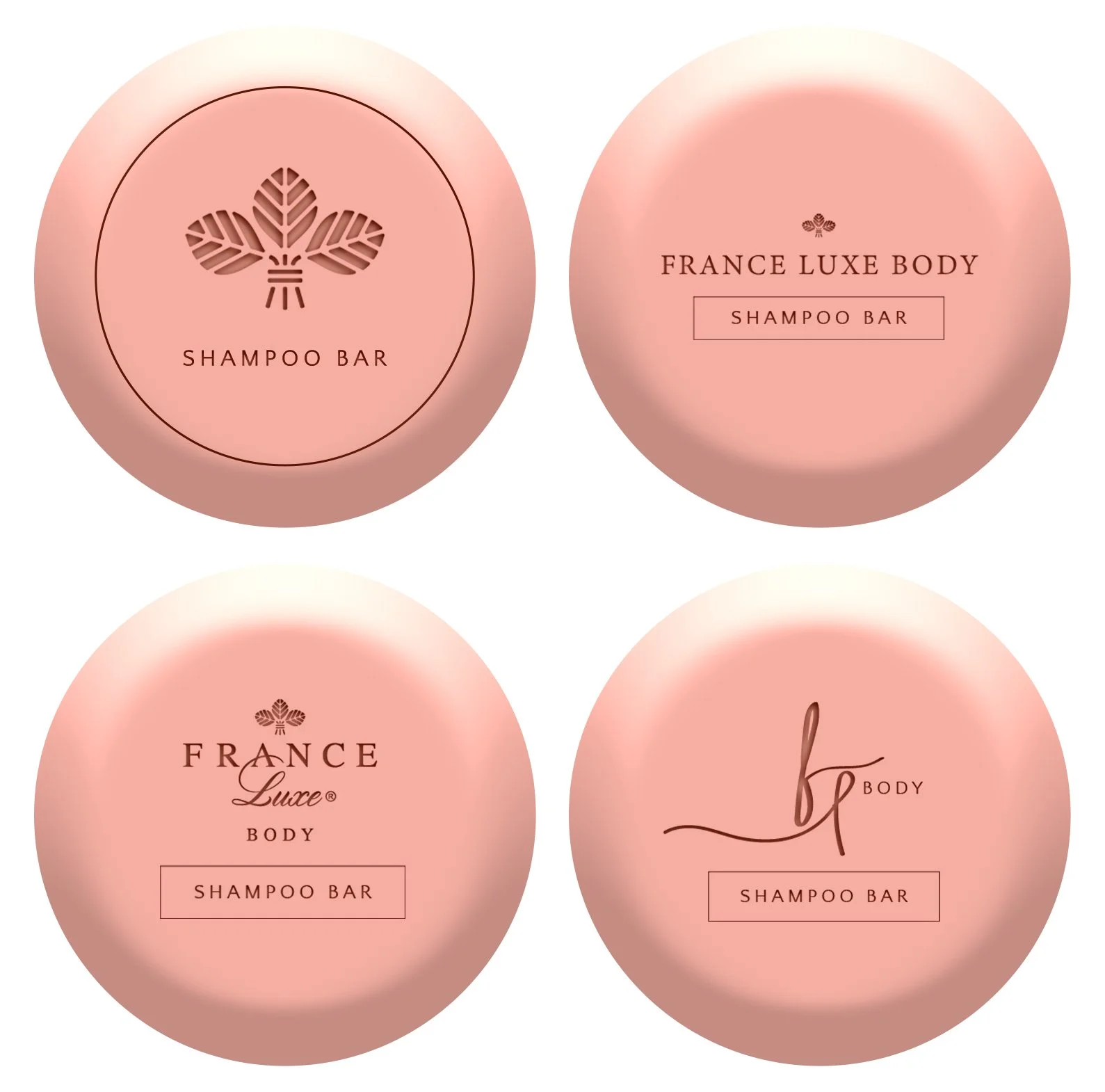 Four pink shampoo bars with elegant labels, featuring various designs and text such as "France Luxe Body" and "Shampoo Bar."
