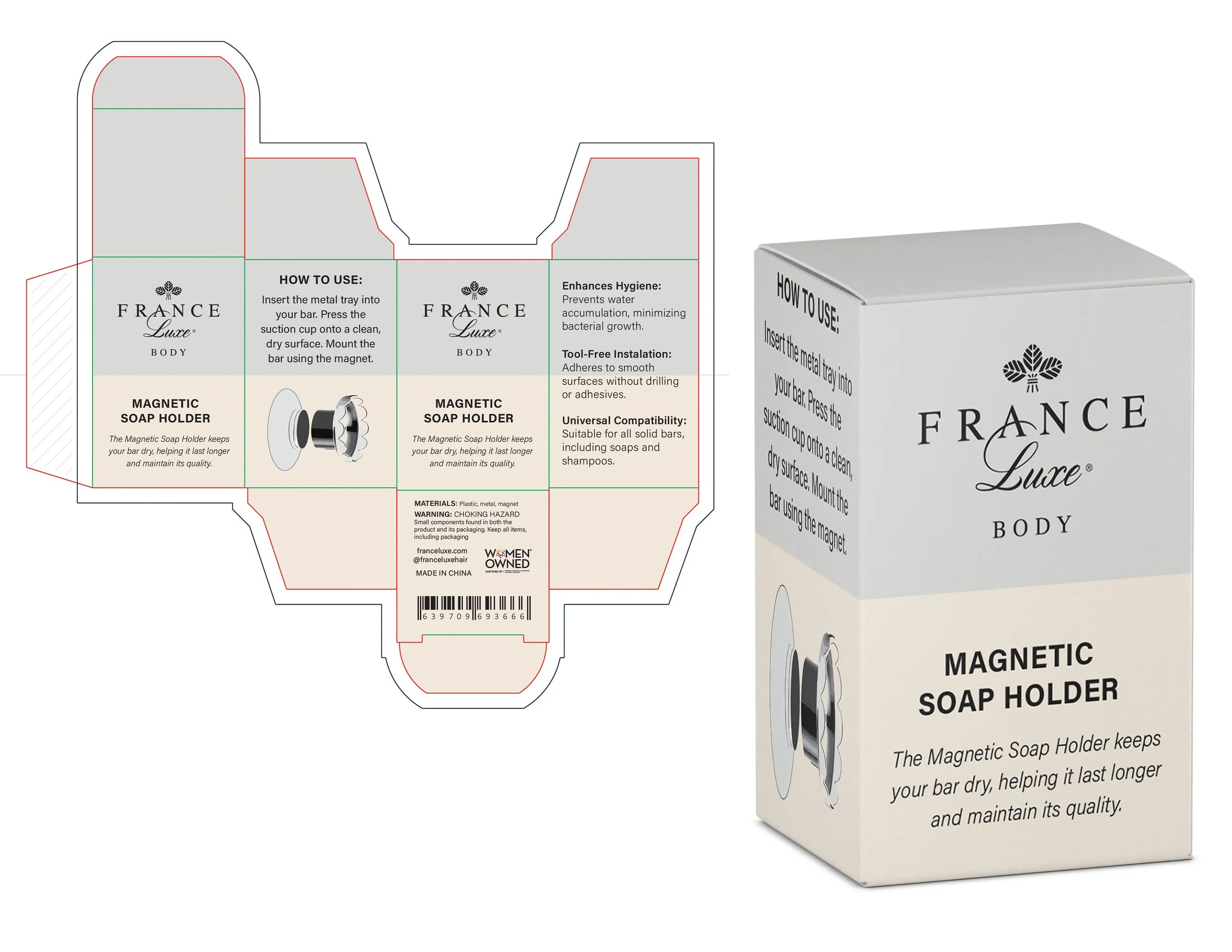 A 3D render of a product packaging box for a magnetic soap holder, with an unfolded design layout on the left and the assembled box on the right. The packaging features instructions and branding for France Luxe Body.