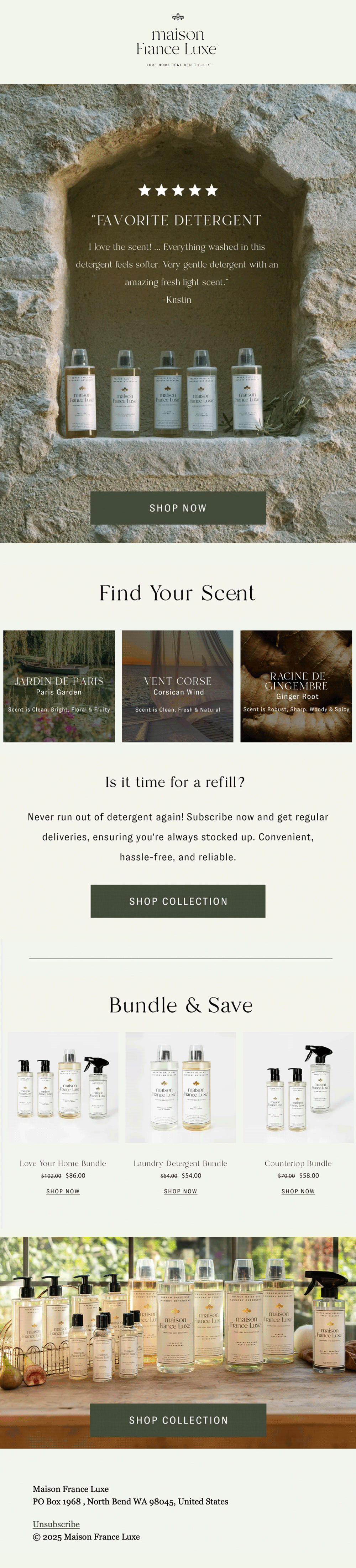 A webpage for Maison France Luxe featuring a stone niche with five bottles of detergent, promotional text about scents and refills, images of scented products, and a collection of household cleaning bundles, with sections for finding scents, shopping