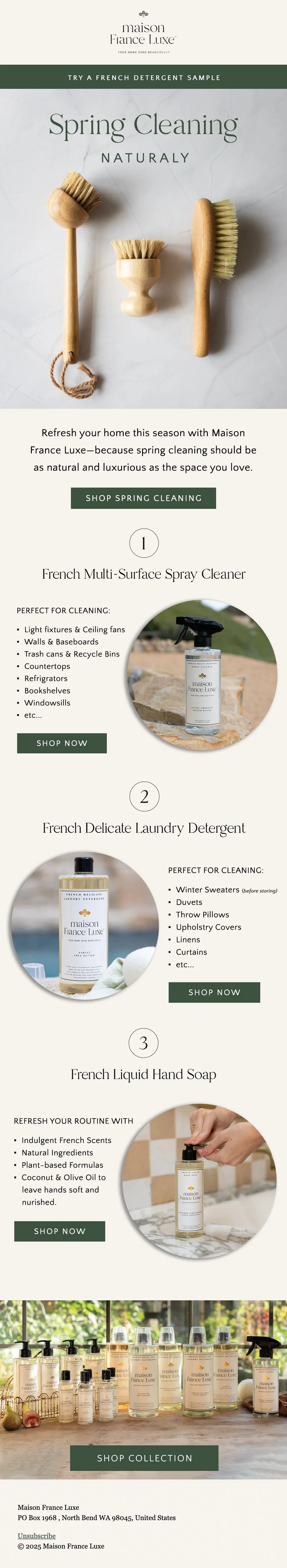 Advertisement for Maison France Luxe's spring cleaning products, featuring brushes, sprays, and hand soap, with sections for multi-surface spray cleaner, laundry detergent, and hand soap, and a collection display at the bottom.