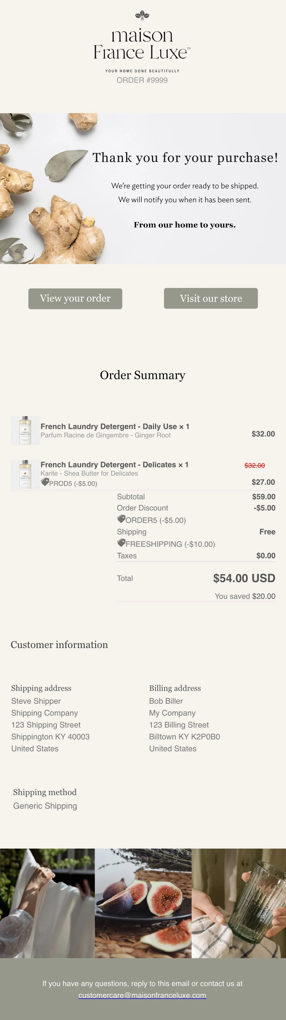 Order confirmation email from Maison France Luxe for ginger root and shea butter laundry detergent, with customer shipping and billing details, order summary, and photos of figs, ginger, and a person holding a glass.