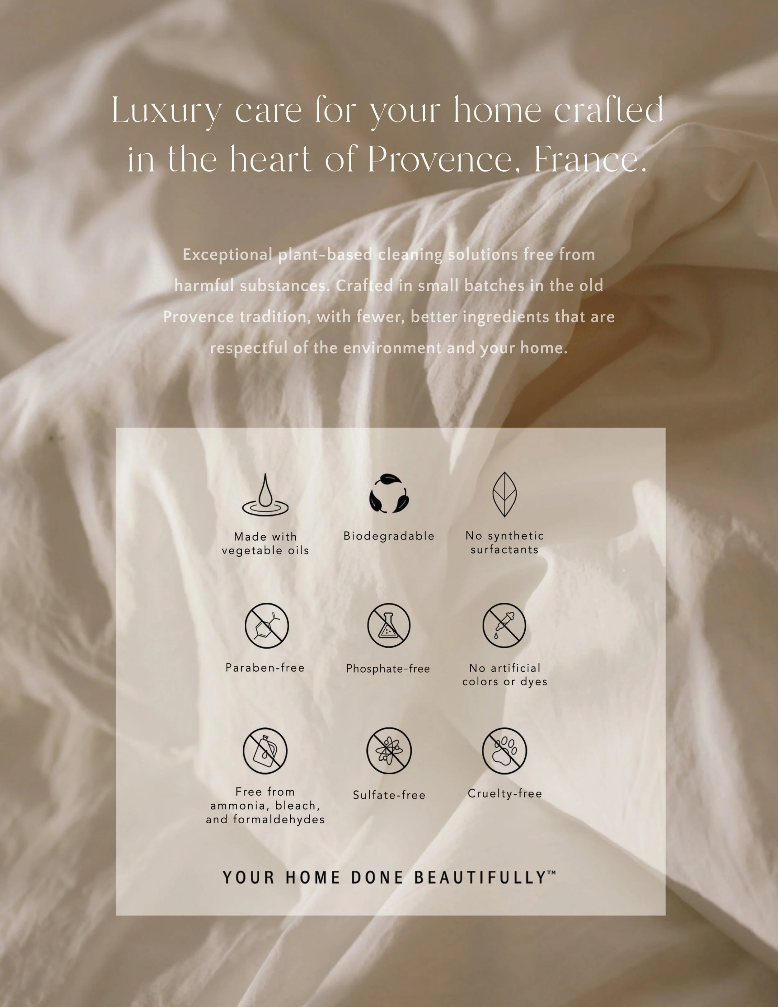 Text overlay on a background of crumpled fabric promoting eco-friendly home cleaning products. The text highlights luxury, plant-based, biodegradable, and cruelty-free qualities, without harmful substances, artificial colors, or dyes.