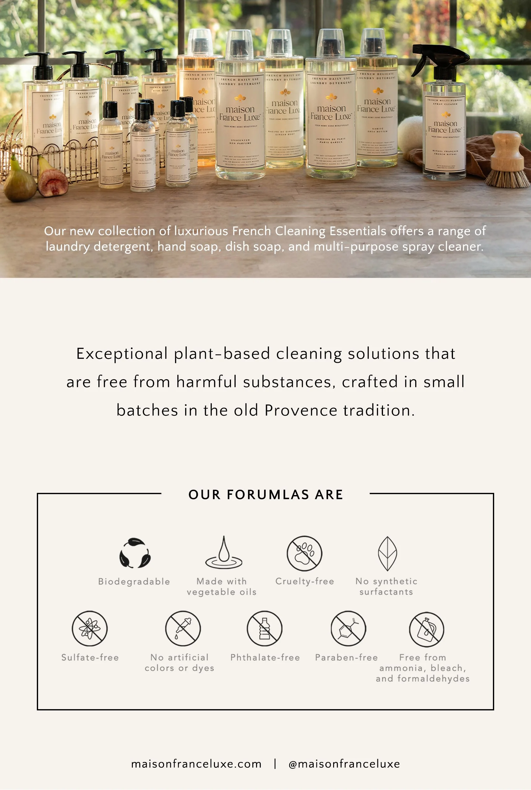 Display of Maison France Luxe luxury cleaning products on a wooden surface, including laundry detergent, hand soap, dish soap, and multi-purpose spray cleaner, with a natural outdoor background.