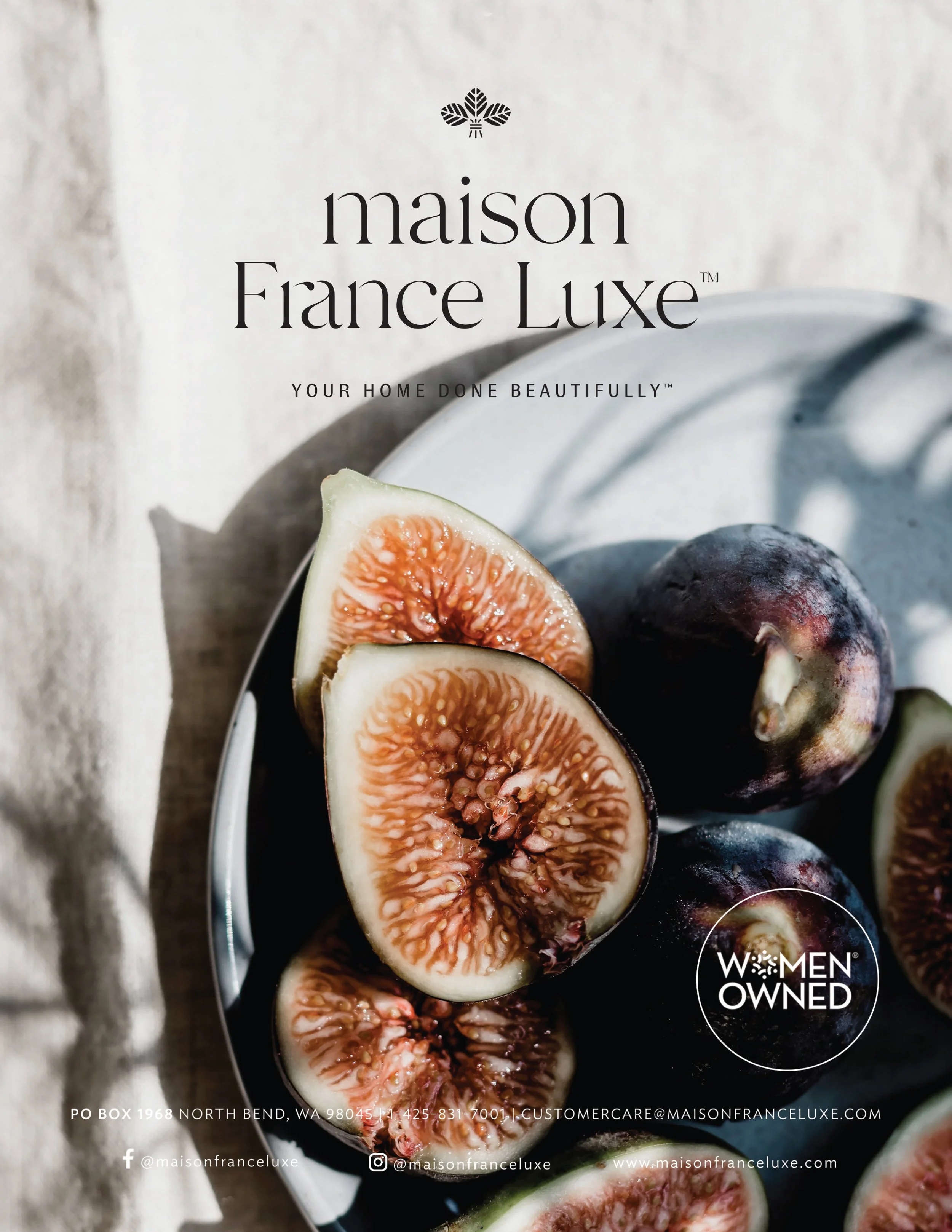 Close-up of sliced figs on a black plate, with text overlay promoting Maison France Luxe products, and contact information for Maison France Luxe.