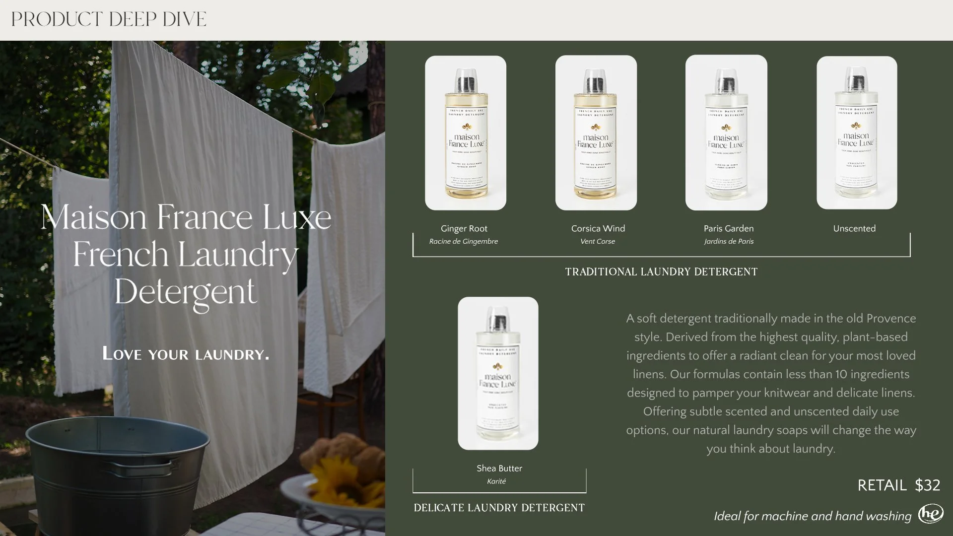 A laundry advertisement featuring a background of white laundry hanging on a clothesline outdoors, with a gray laundry basket visible in the foreground. The text promotes Maison France Luxe French Laundry Detergent and displays four different scents 