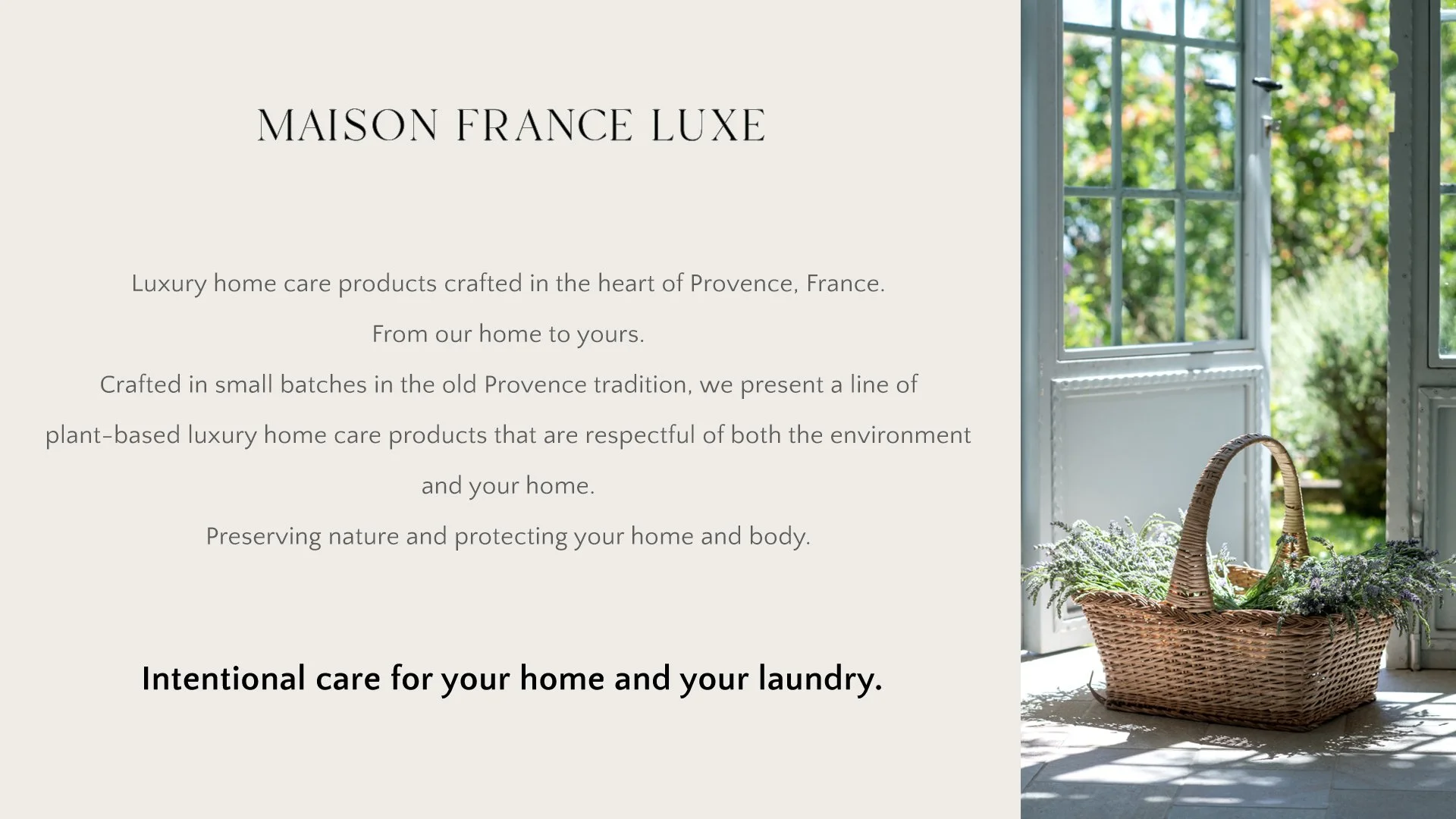 A cozy indoor scene with a wicker basket filled with lavender flowers placed on a white floor near an open window with a garden view.