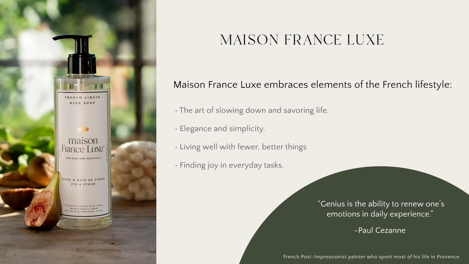 A bottle of Maison France Luxe dish soap with a pump, placed on a wooden surface near a fig and a natural sponge, with blurred greenery in the background.