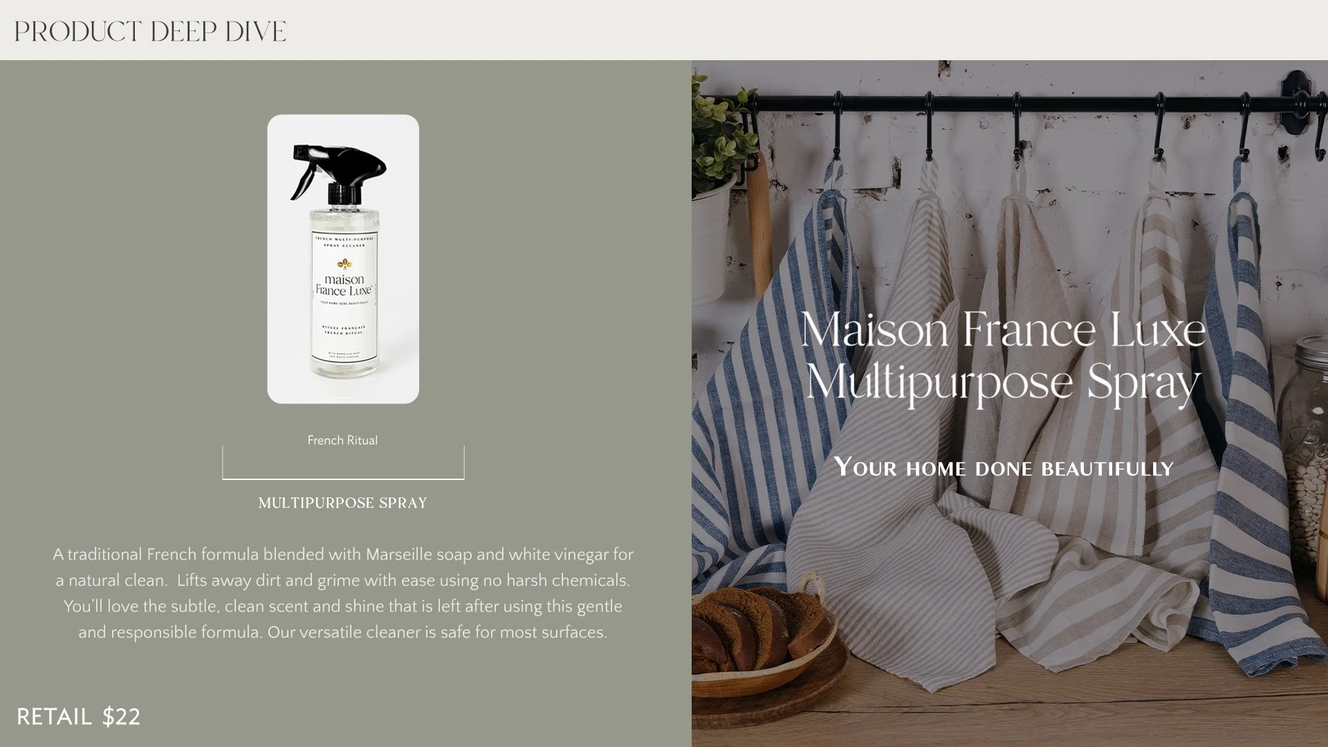 Digital advertisement for Maison France Luxe Multipurpose Spray, featuring a spray bottle on the left and a background of hanging kitchen towels, plant, and jars on the right, with text highlighting the product's benefits and price.