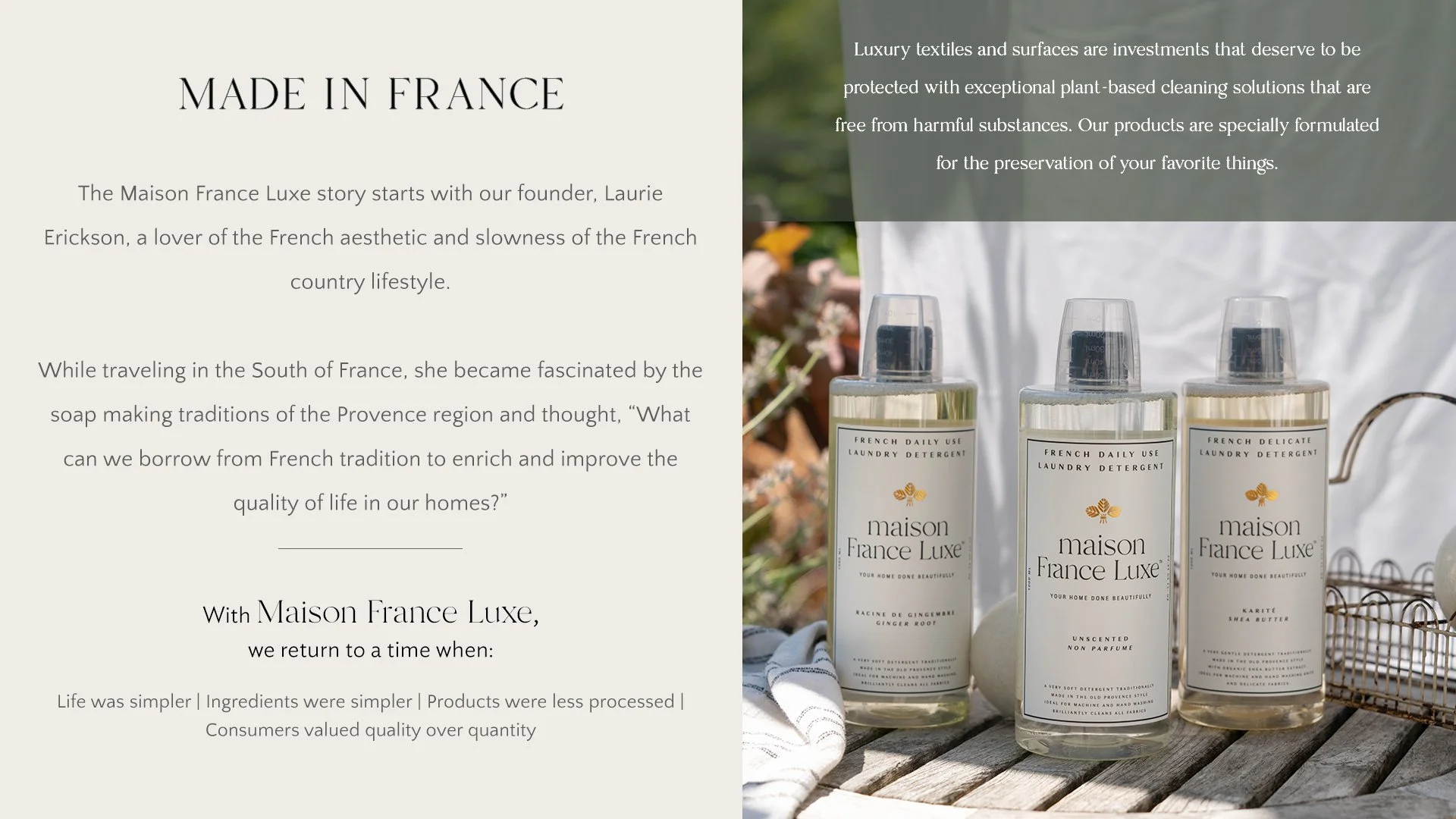Three bottles of Maison France Luxe laundry detergent placed on a wooden surface outdoors with blurred greenery in the background.