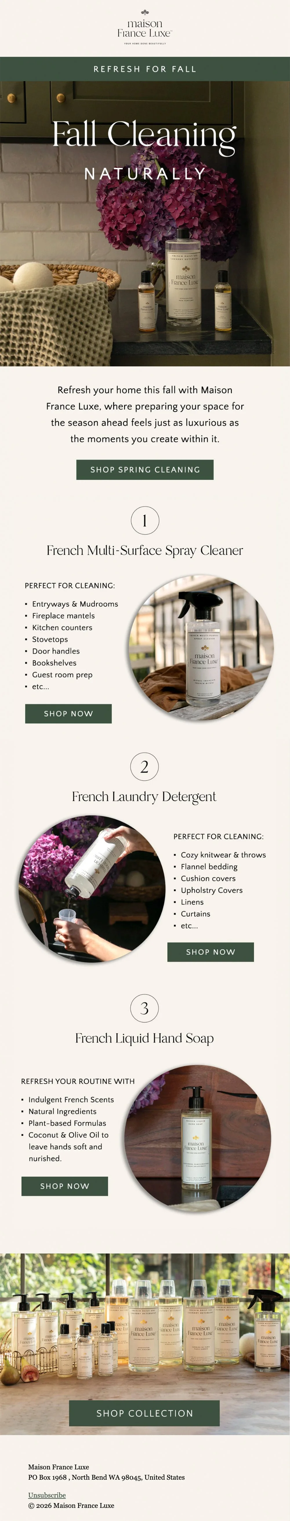 An advertisement for Maison France Luxe featuring fall cleaning products. The image includes a flower arrangement, cleaning bottles, a basket with a cozy blanket, and various cleaning products displayed on a wooden surface.