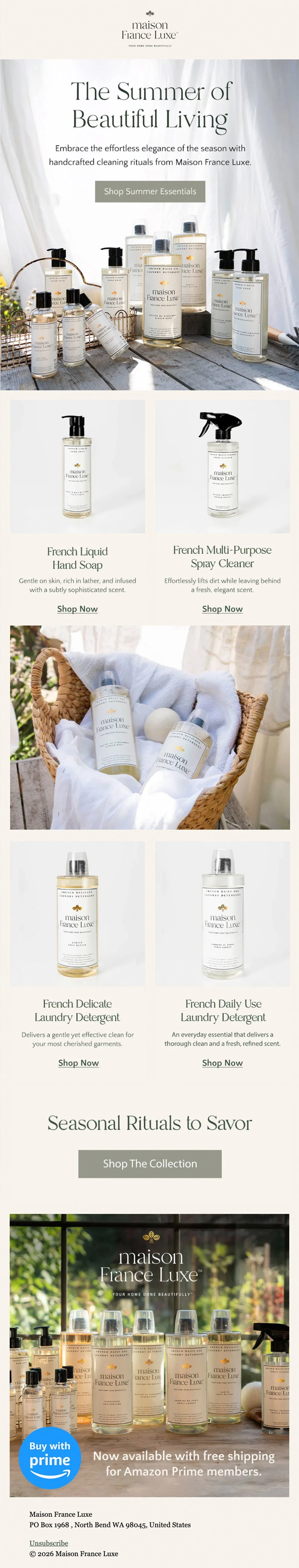 An advertisement for Maison France Luxe skincare and cleaning products, featuring various bottles and sprays, with sections for hand soap, spray cleaner, laundry detergent, and seasonal collections.