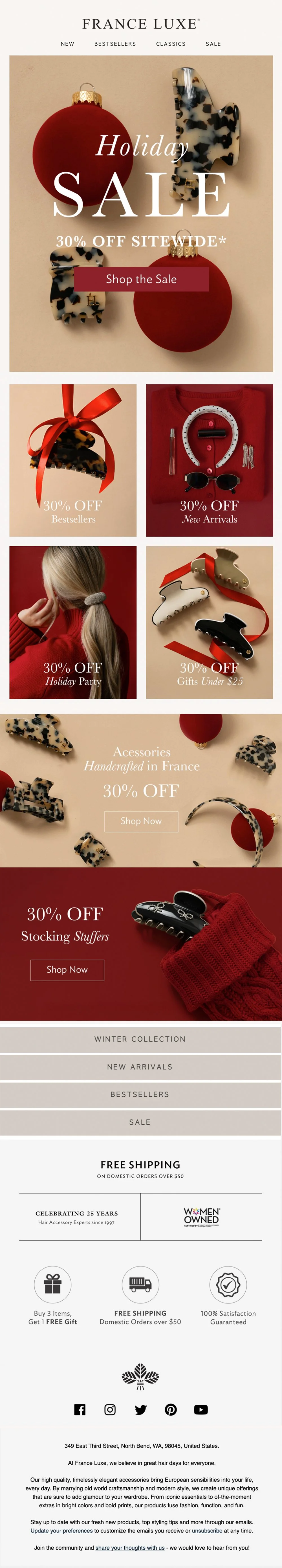 Promotion for France Luxe holiday sale with 30% off sitewide. Features holiday-themed jewelry and accessories, including red ornaments, tortoiseshell hair clips, jewelry, sunglasses, and gift sets.