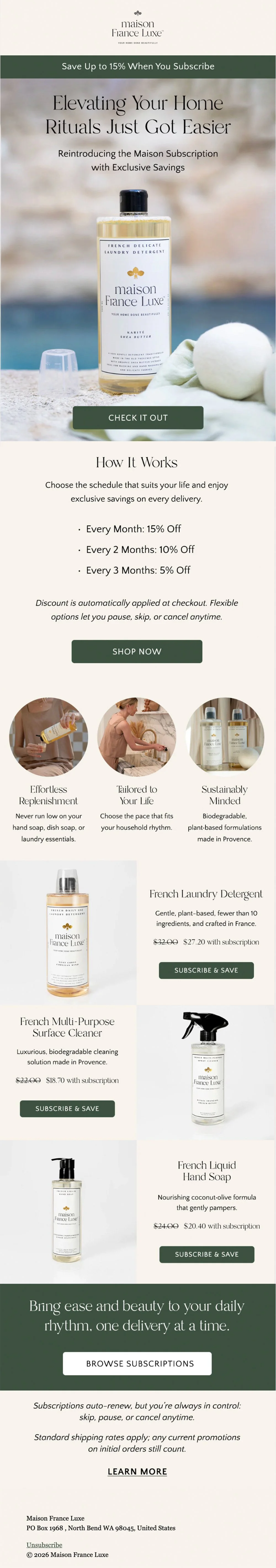 An advertisement for Maison France Luxe's home cleaning subscription service. Features a laundry detergent bottle and various cleaning products with subscription details, discounts, and benefits in American English.