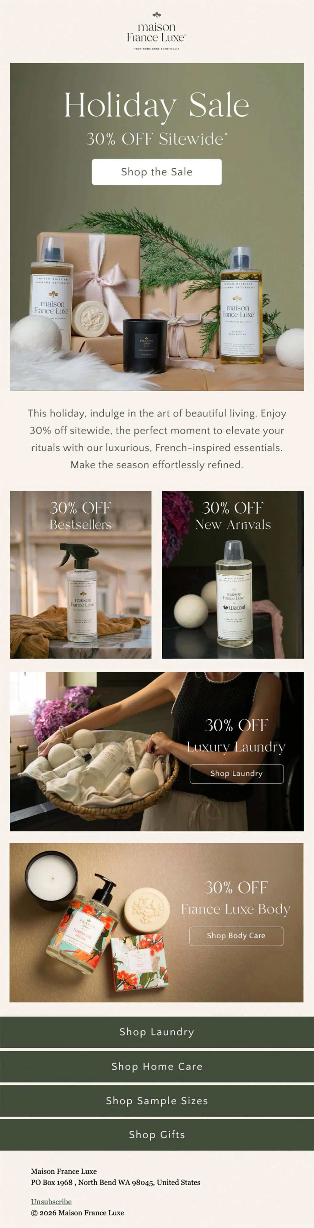 Promotional advertisement for Maison France Luxe's holiday sale offering 30% off sitewide on selected products, including beauty, laundry, body care, and home care items, featuring images of luxury soap, lotion, scented candles, and gift sets.