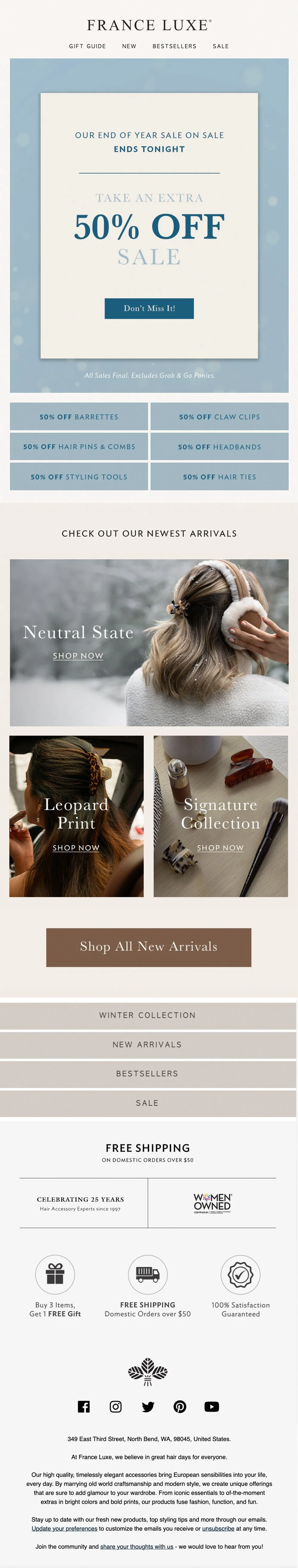 France Luxe end-of-year sale advertisement offering 50% off on select hair accessories, with sections highlighting new arrivals, leopard print, signature collection, and free shipping on orders over $50, including images of women wearing headbands an