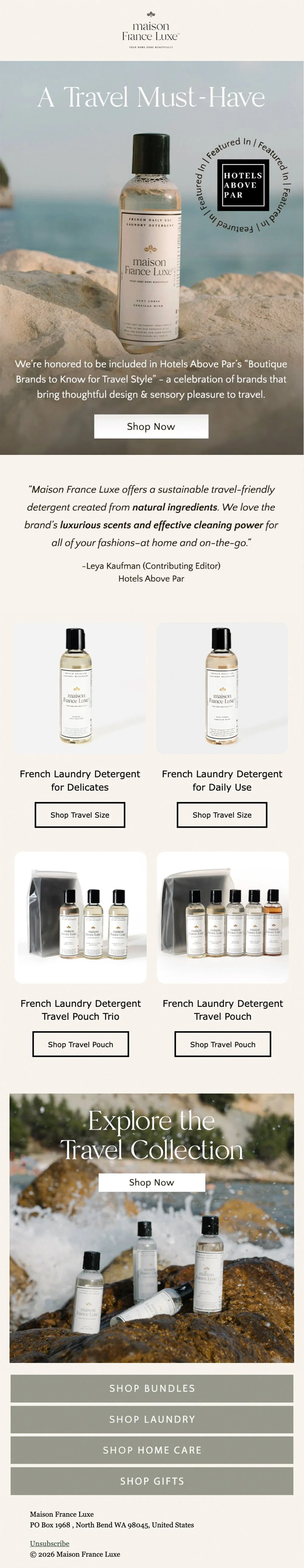 An advertisement for Maison France Luxe's travel laundry detergent collection featuring various travel-sized bottles and pouches, set against outdoor backgrounds of rocks and water.