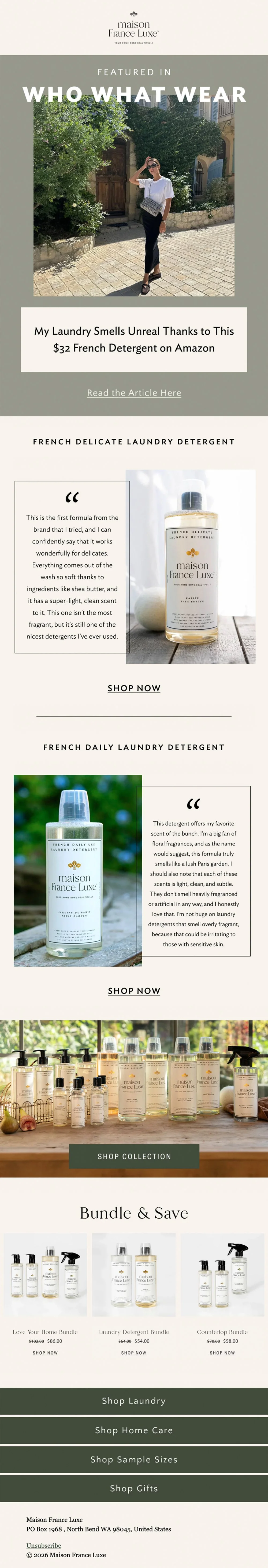 A beauty product advertisement for Maison France Luxe French delicate laundry detergent, featuring a woman standing outdoors with greenery and stone buildings, promoting their laundry detergent products and collections.