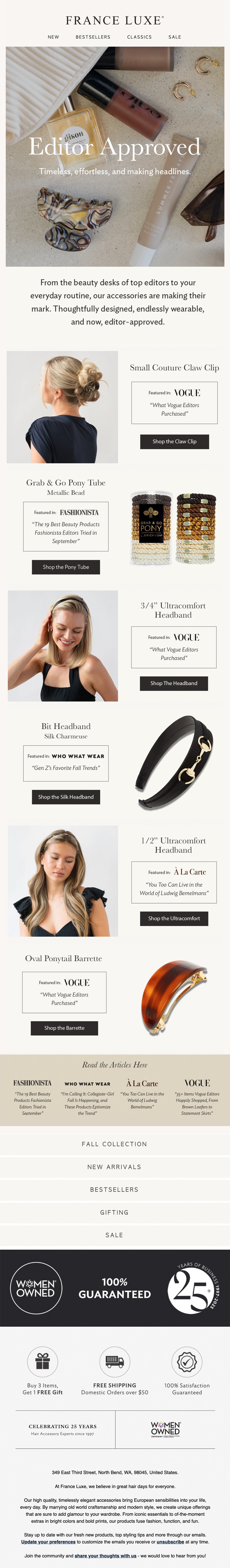A promotional webpage for France Luxe featuring beauty accessories like hair clips and headbands, with images of women wearing these accessories.