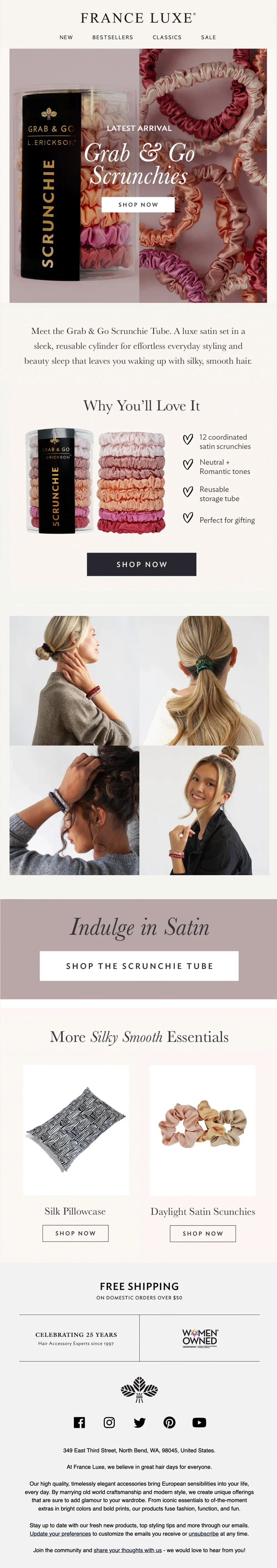 An online advertisement for France Luxe's Grab & Go Scrunchies and other hair accessories, featuring images of the scrunchies and styled women, with text about product features, options for silk pillowcases and satin scrunchies, and free shipping pro