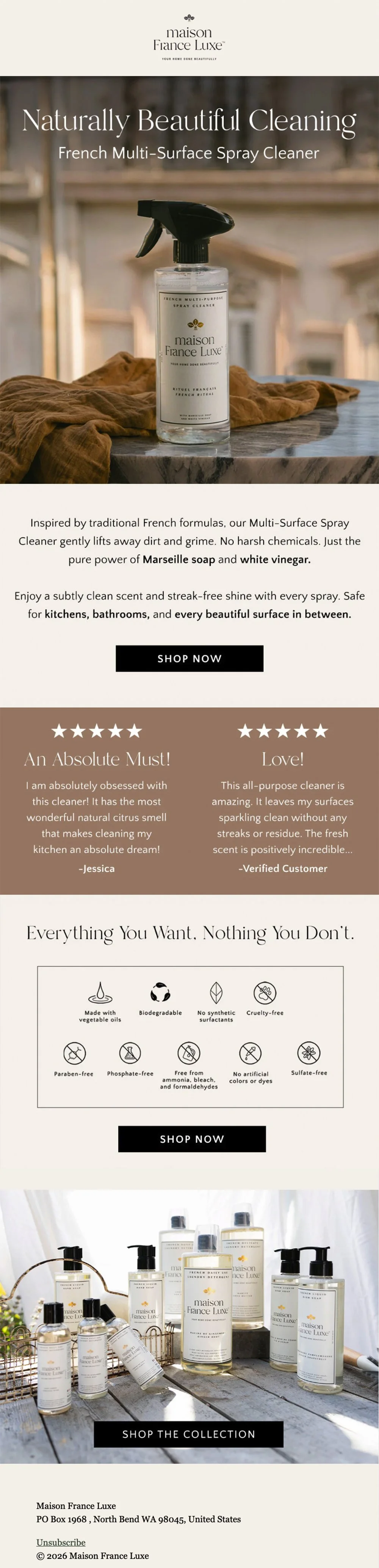 A promotional webpage for Maison France Luxe's French Multi-Surface Spray Cleaner. The page features a spray bottle on a wooden surface with a blurred background, with text describing the product's benefits and eco-friendly features, along with custo