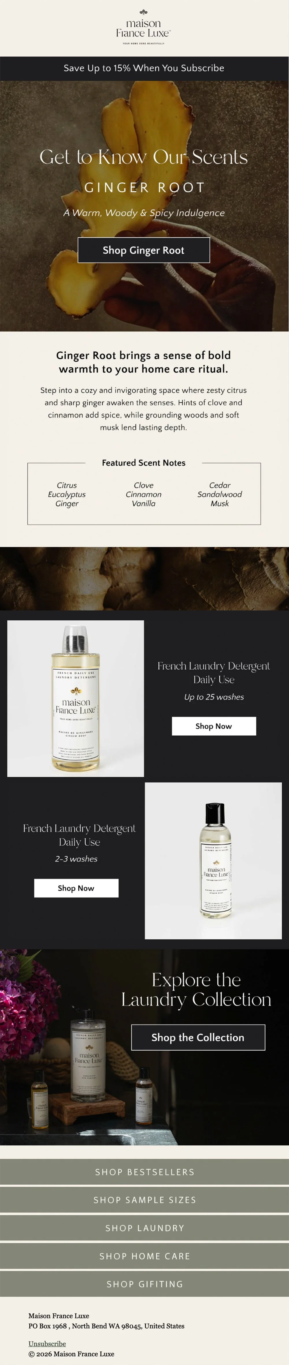 A promotional webpage for Maison France Luxe laundry and home scent products. The page highlights ginger root's aroma, features scent notes like citrus, clove, cedar, eucalyptus, cinnamon, sandalwood, ginger, vanilla, and musk, and shows images of la