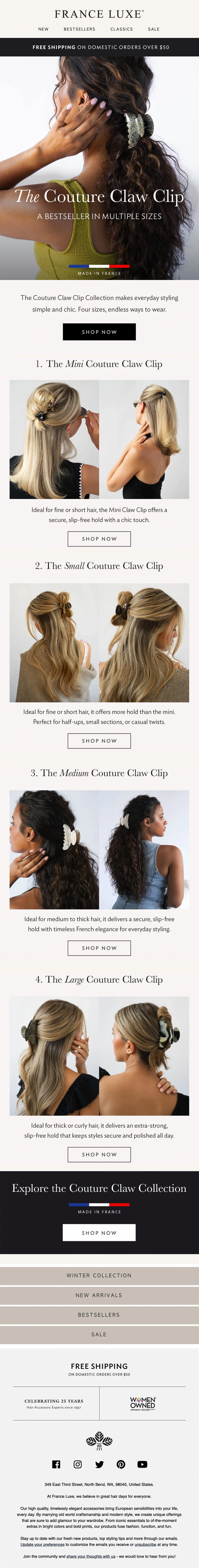 Advertisement for Couture Claw Clips, featuring images of women with various hair clip styles including mini, small, medium, and large sizes, alongside descriptive text and shopping links.