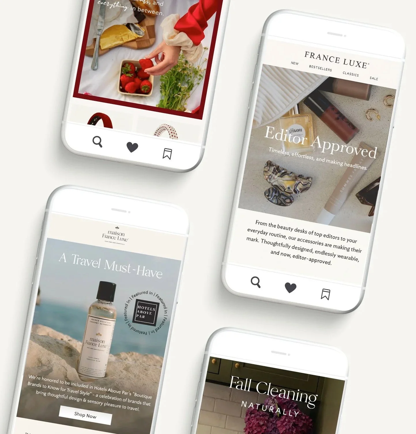 Multiple smartphones displaying different lifestyle and shopping websites with images of strawberries, beauty products, travel accessories, and fall cleaning supplies.