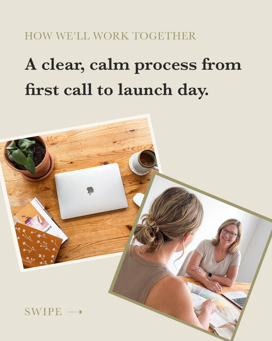 Wondering what it's actually like to work with me? Here's my whole process 🤍

Hiring a designer for the first time can feel like a leap, so I keep it clear and calm from our first call to launch day:

01- Discovery: we get clear on your goals and yo