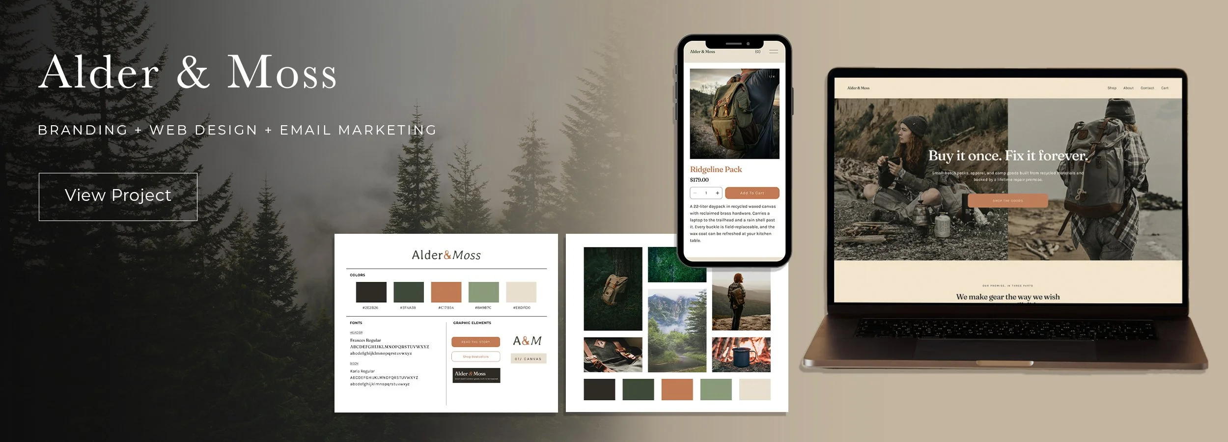 A website project for Alder & Moss focusing on branding, web design, and email marketing displays a dark forest background with a laptop, smartphone, and branding materials. The website showcases outdoor gear, featuring images of women hiking and cam