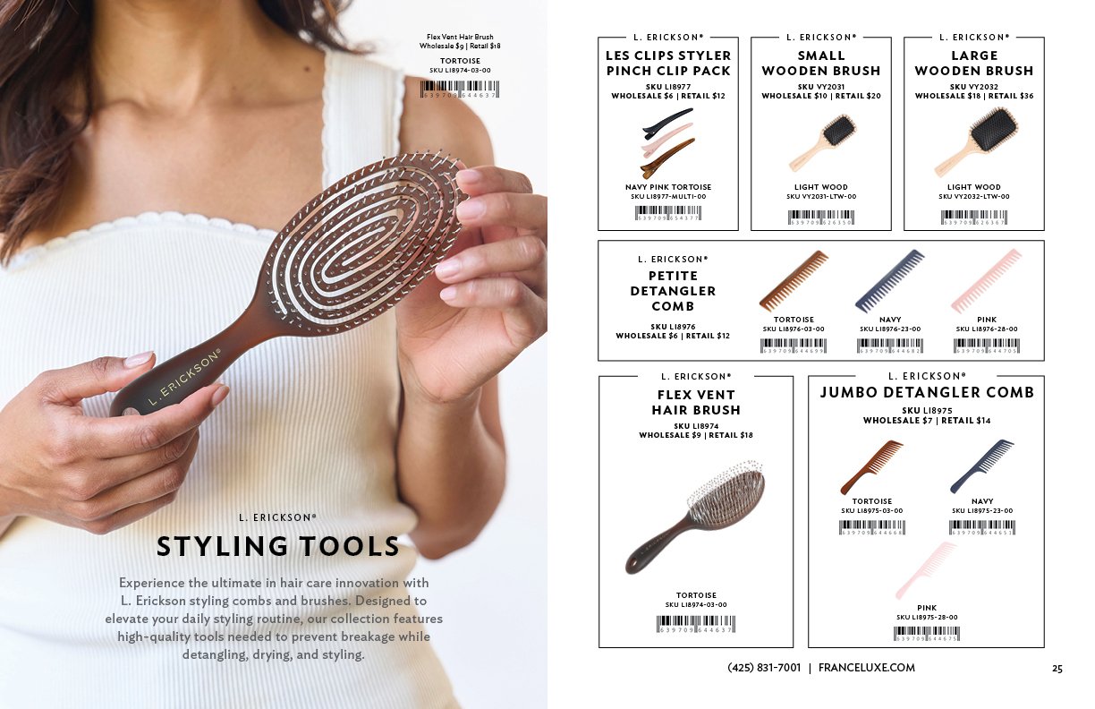 A woman in a white top is holding a large, oval, brown hairbrush with a handle that has the brand name 'L. Erickson' on it. The image includes product details and pricing for various hair styling tools, including brushes and combs, on the right side.
